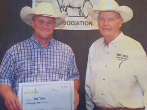 Jim Bradford (right) with herdsman Josh Eisentrager after Brad Z Ranch steer won second place in 2013 ICA Carcass Challenge.